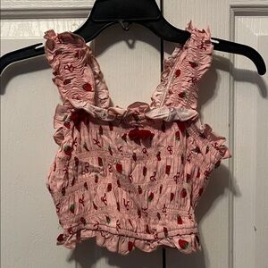 Pink Ruffled Crop Top with Strawberry Print
